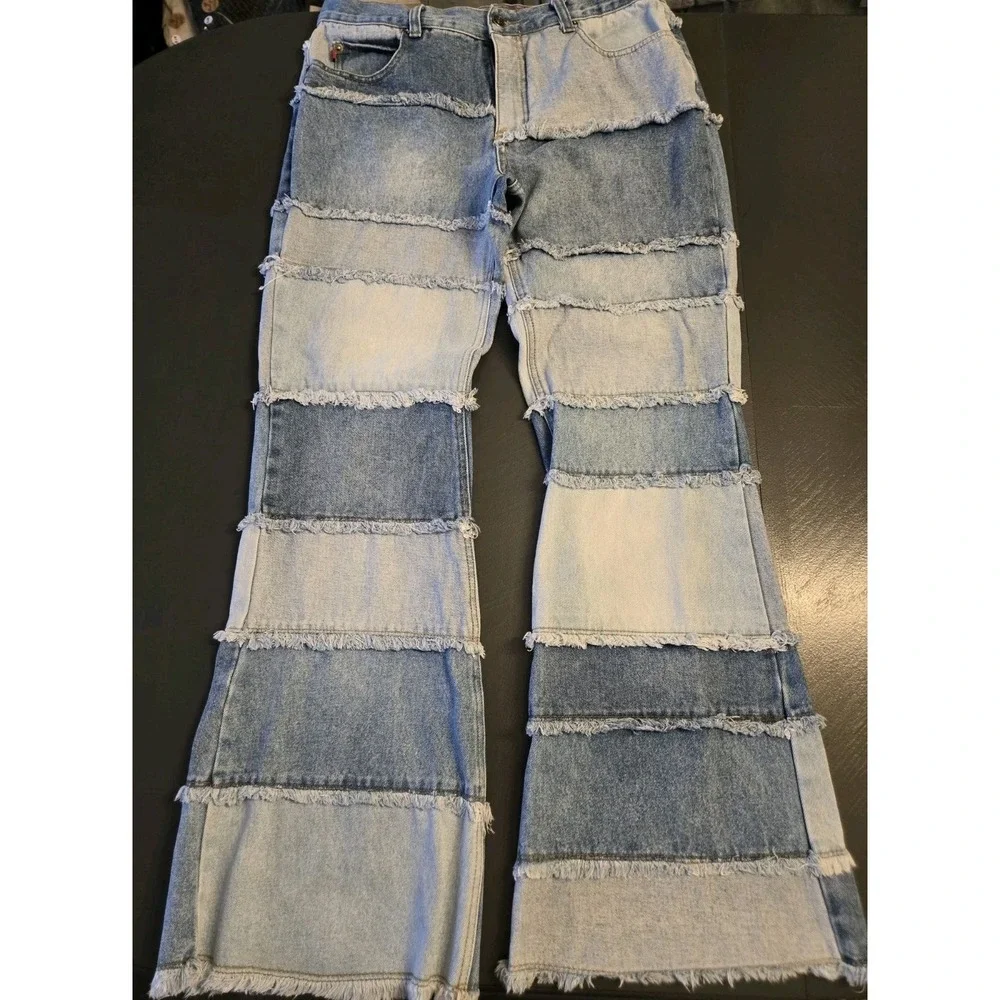 Zana Di Women's Wide-Leg Colorblock Fringe Blue Denim Jeans Size 13 Hippy Boho - Picture 1 of 8
